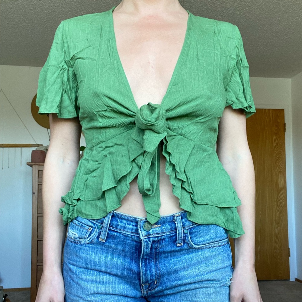 Green Tie Front Top